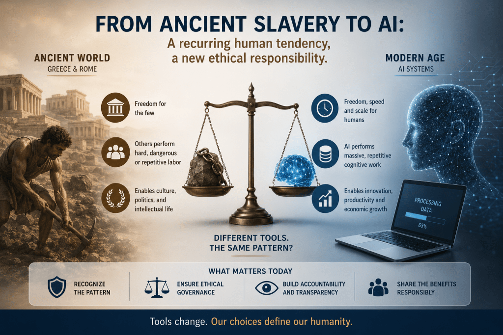 Ancient Slavery, Human Labor, and the Emerging Ethics of Artificial Intelligence as the modern “enslaved”.